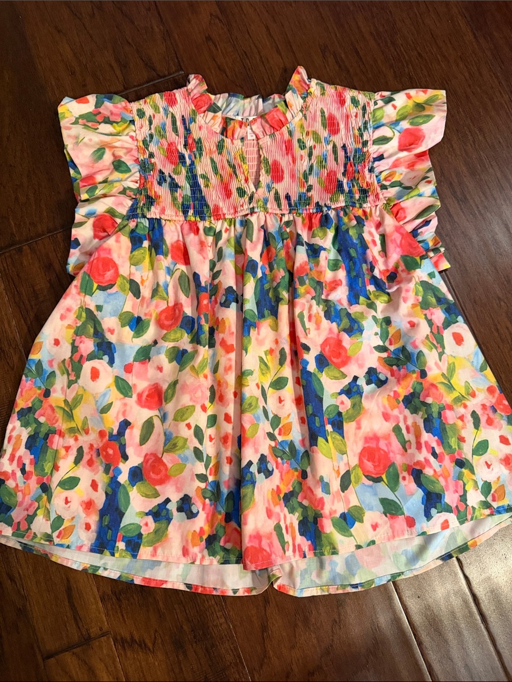 TCEC Watercolor Floral Smocked Flutter Sleeve Top - Coral, Blue, Green, Cream